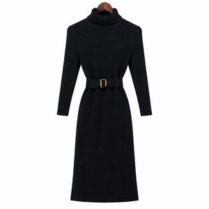 Ann Taylor Black Knit Turtleneck Midi Dress Belted Quiet Luxury Minimalist M